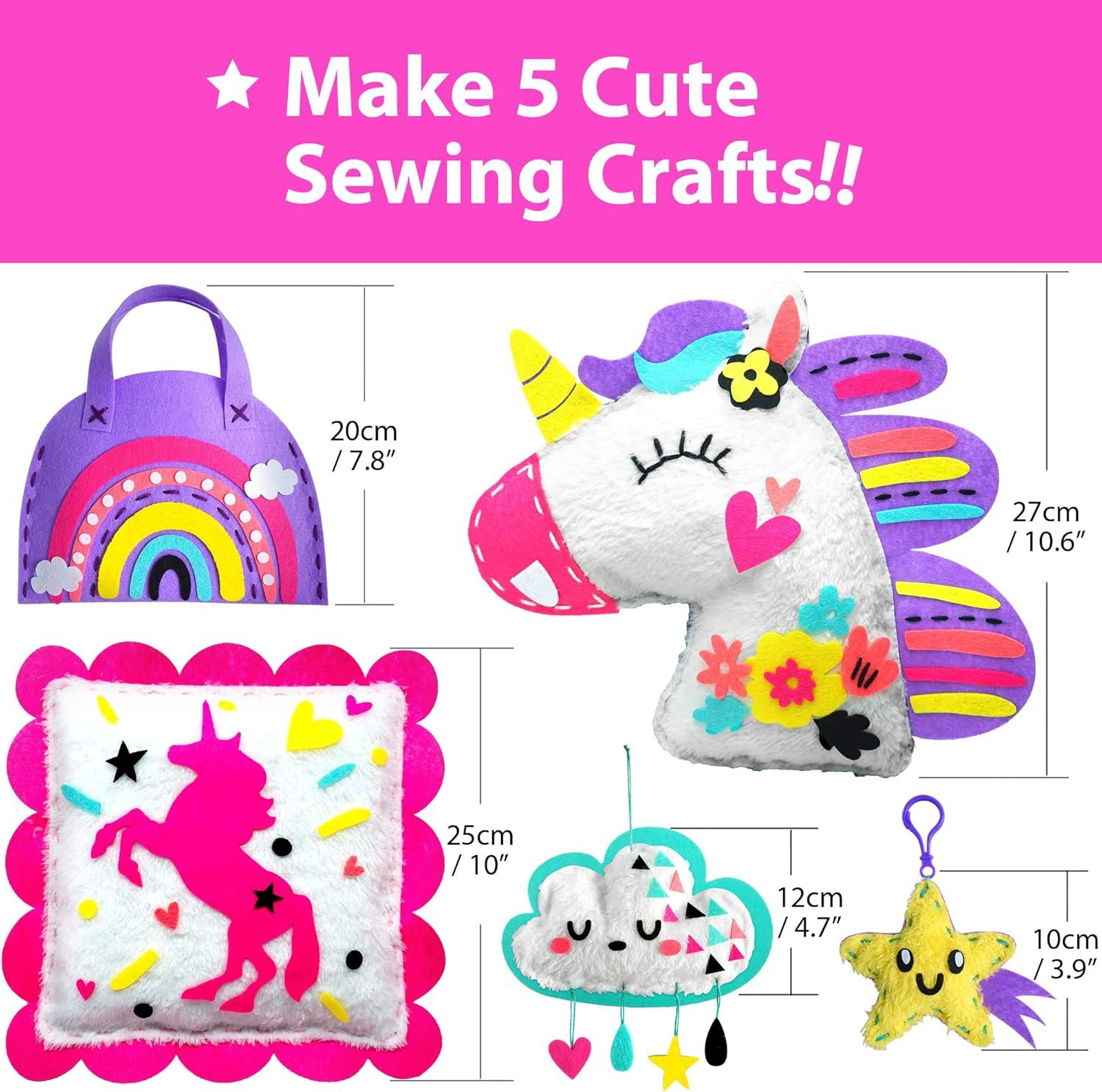 KRAFUN My First Unicorn Kids Sewing kit, Beginner Arts & Crafts, Make 8 Cute Projects with Plush Stuffed Animal, Pillow, Mobile, Keyring and Bag, Instructions & Felt for Learn Sewing, Embroidery