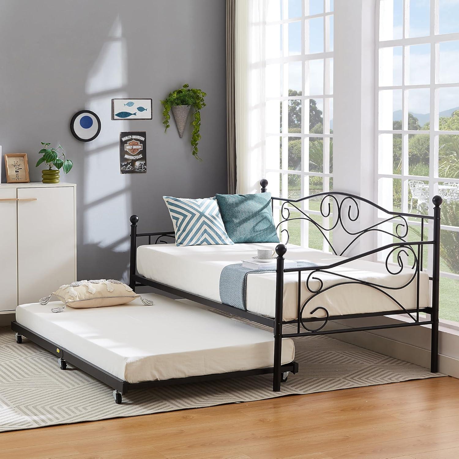 Black Twin Metal Daybed Frame with Headboard and Slats