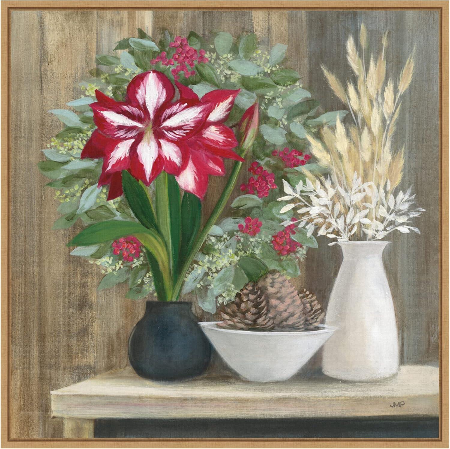 Natural Holiday Floral Still Life Canvas Print with Maple Frame