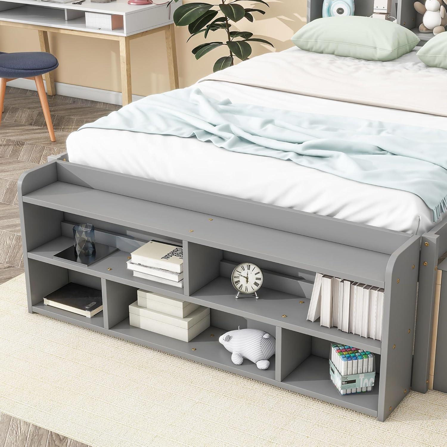 SOFTSEA Full Size Platform Bed with Drawers and Bed End Case, Wood Bed Frame with Storage Headboard, Platform Bed with Storage for Bedroom, No Box Spring Needed, Gray