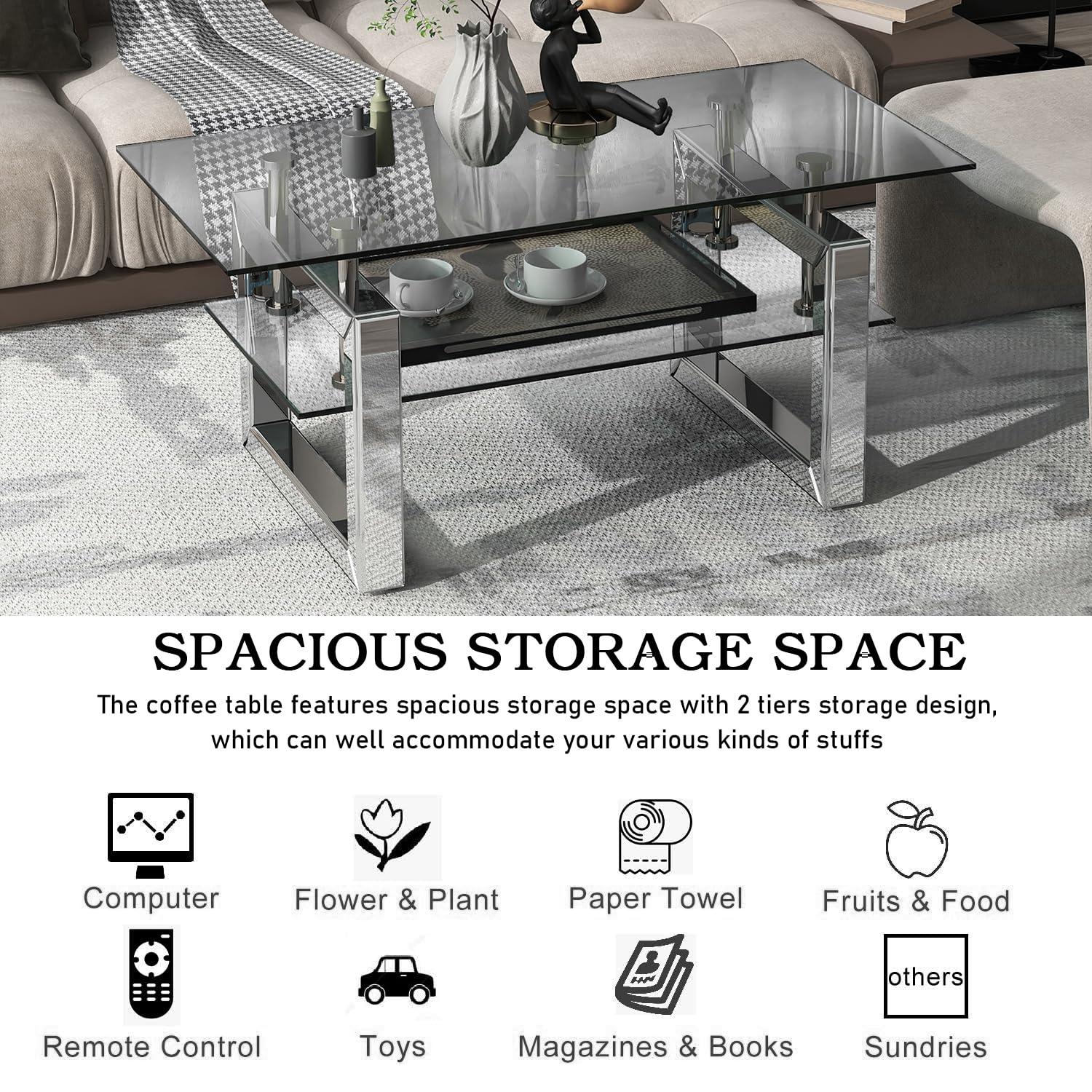 Gzxs Glass Coffee Table with 2 Tier Glass Boards & Sturdy Metal Legs, Mirrored Clear Rectangle Glass Cocktail Tea Table for Home Office, Silver