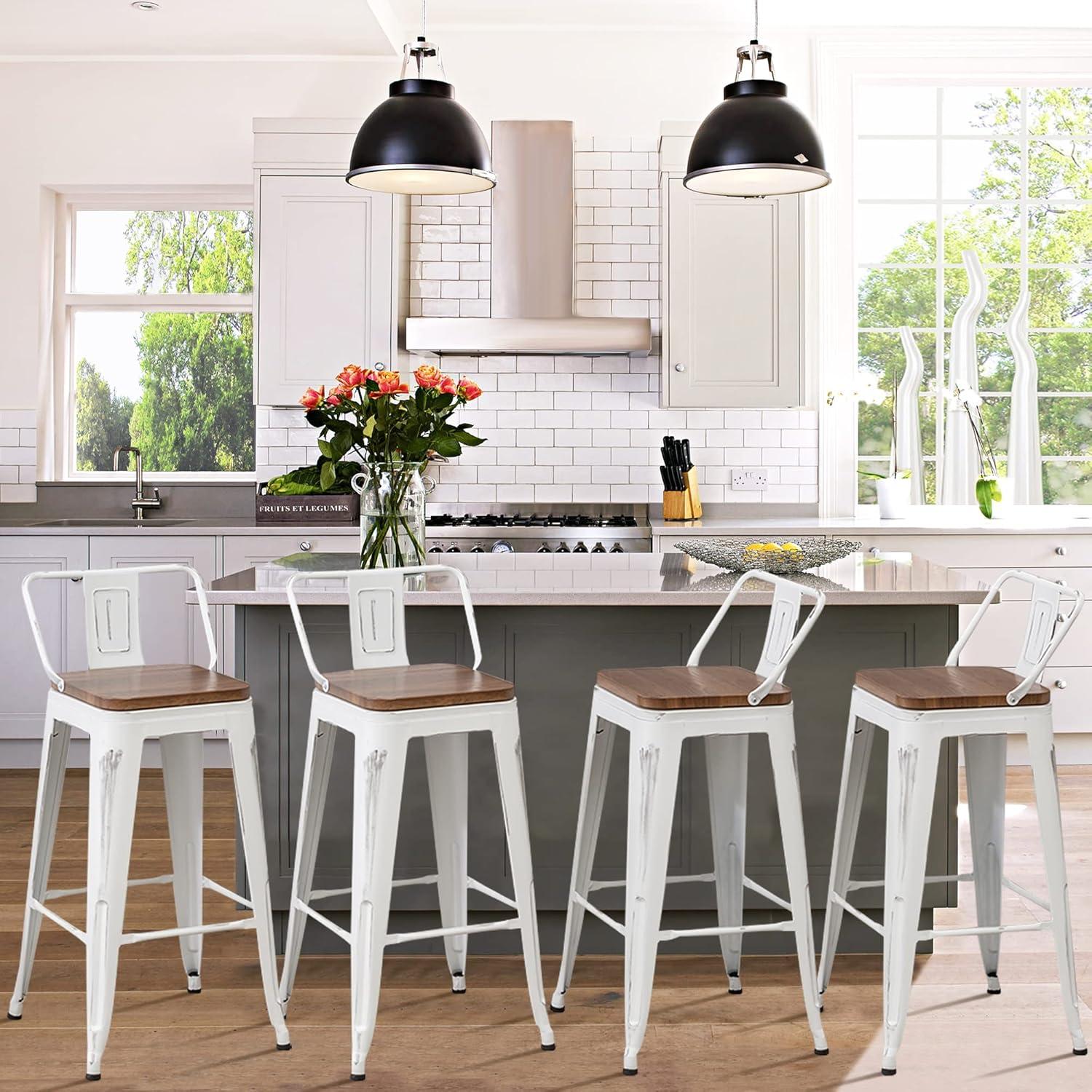 Set of 4 White Metal Bar Stools with Wooden Seats