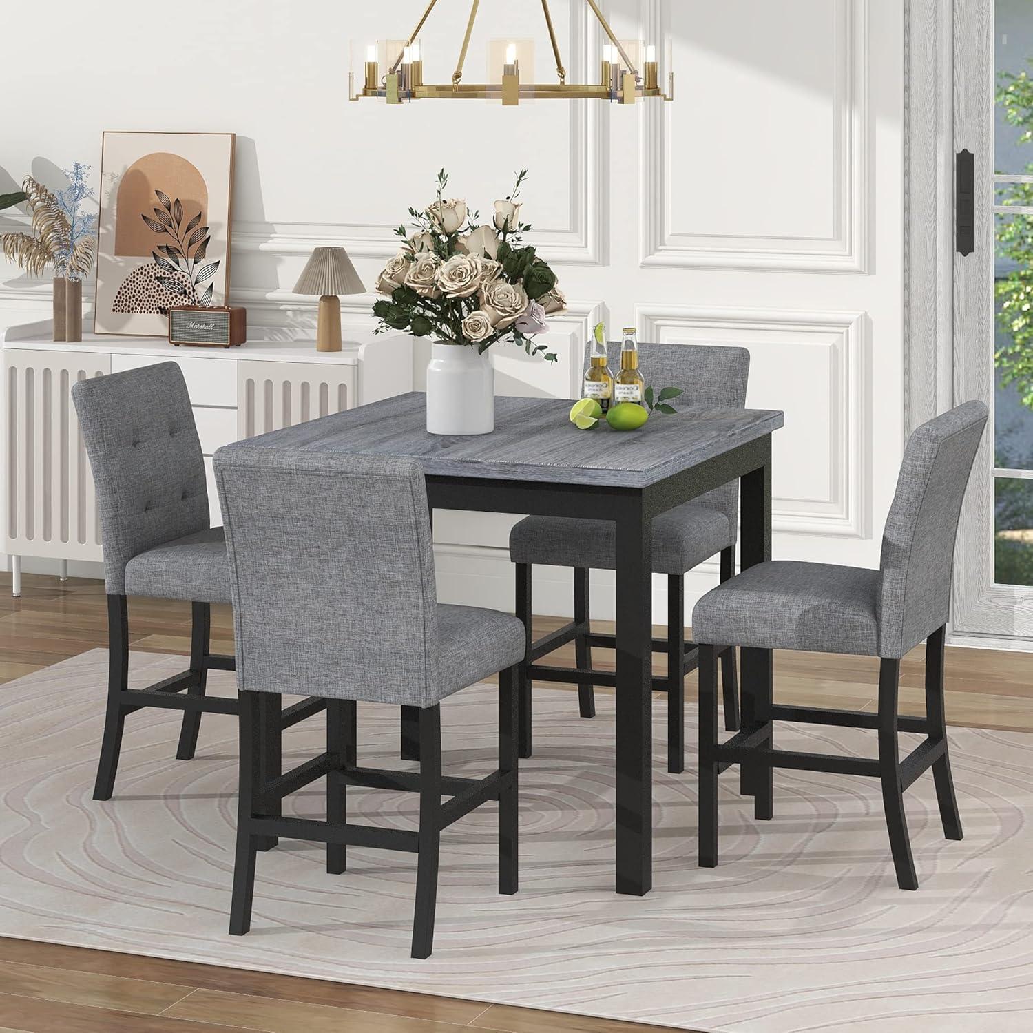 5-Piece Counter Height Dining Set, Includes 1 Solid Wood Table and 4 Upholstered High-Back Chairs w/Footrest for Kitchen, Diningroom, Living Room, Easy to Assemble