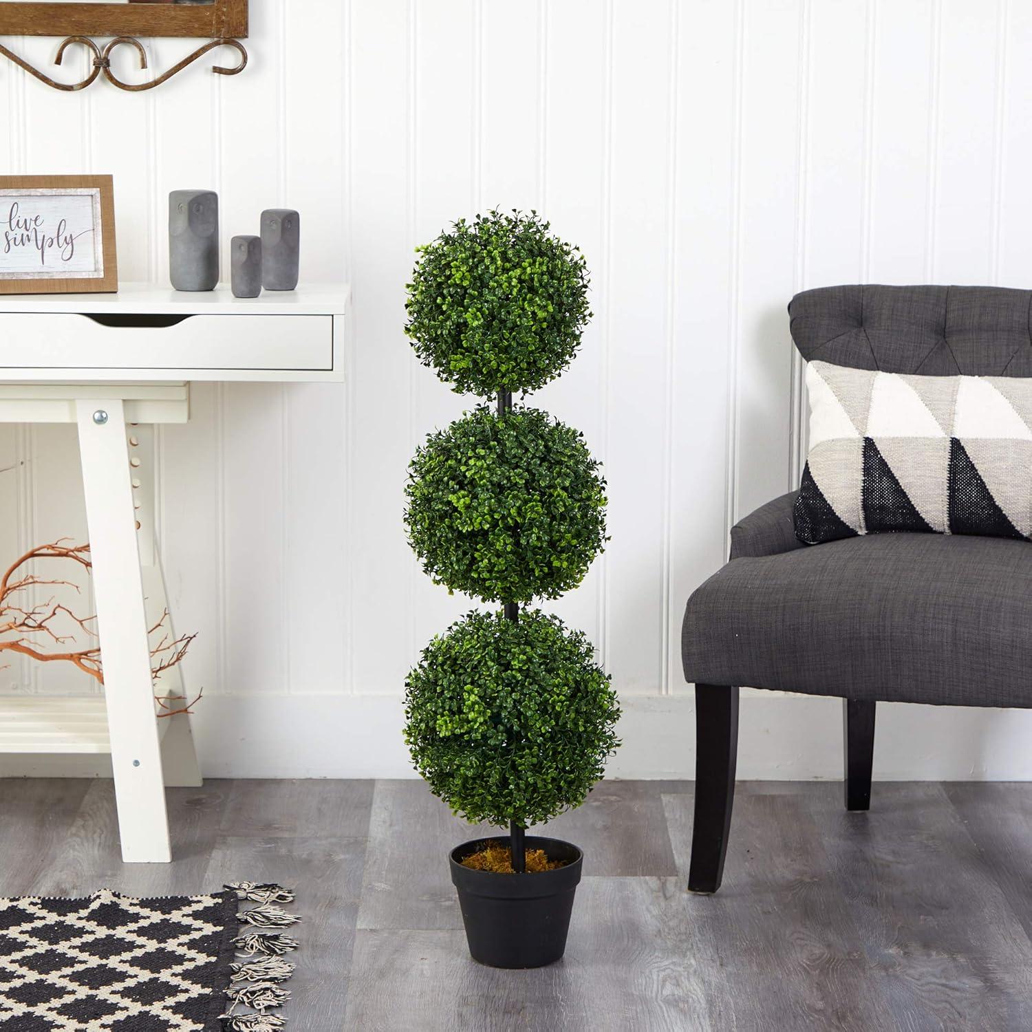 3' Indoor/Outdoor Boxwood Triple Ball Topiary Artificial Tree - Nearly Natural: Faux Foliage, No Assembly Required