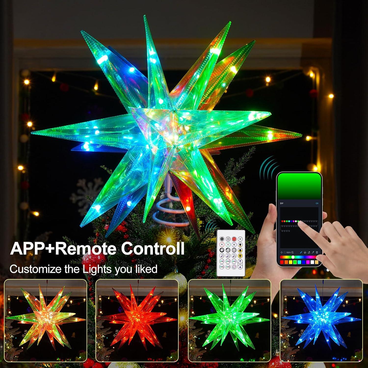 Christmas Star Tree Topper, 13.8" Xmas Smart Tree Decorations, Crystal-like 3D Polygonal Shell, App Control LED Christmas Light, Music Sync RGB Color Changing with Remote for Indoor and Outdoor Decor