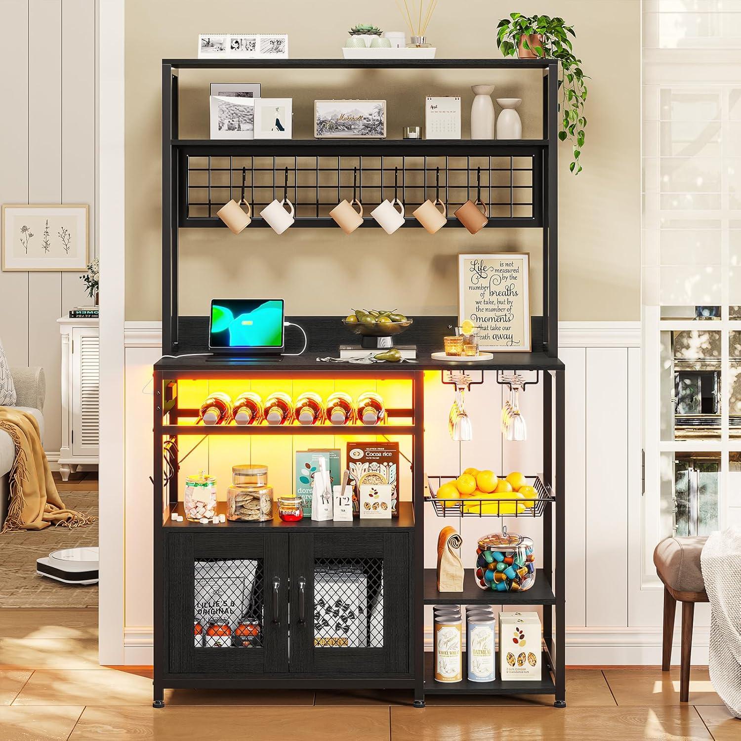 Kitchen Bakers Rack with Storage Shelves, Microwave Stand with Power Outlet and LED Light, Coffee Bar Cabinet Wire Basket Metal Grid Wine Rack Goblet Holder Hooks (Black, Small)