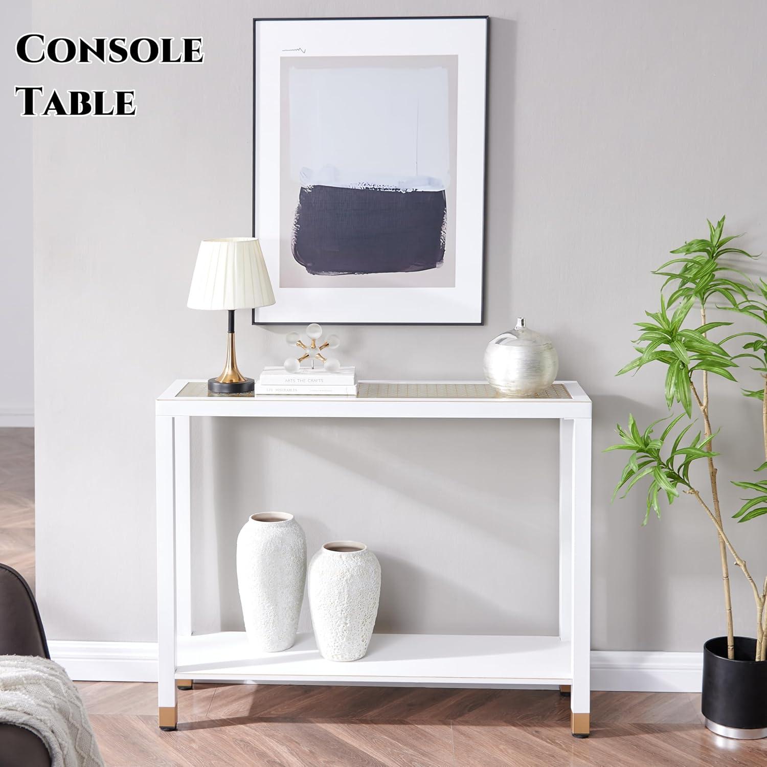 White and Gold 2-Layer Glass Console Table with Storage