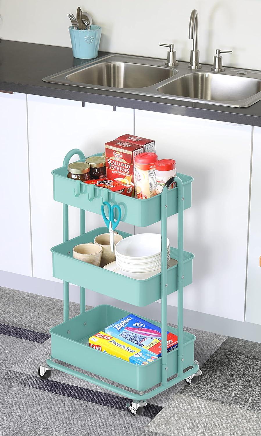 Turquoise Metal 3-Tier Utility Rolling Cart with Swivel Wheels