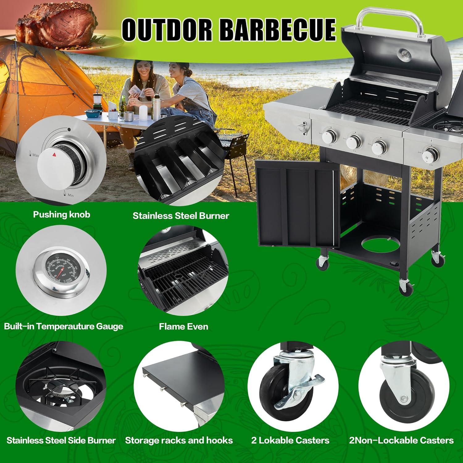 Propane Grill 3 Burner Stainless Steel BBQ Gas Grill with Side Burner, Thermometer, and Even Heating Cast Iron Grates for Outdoor BBQ and Camping