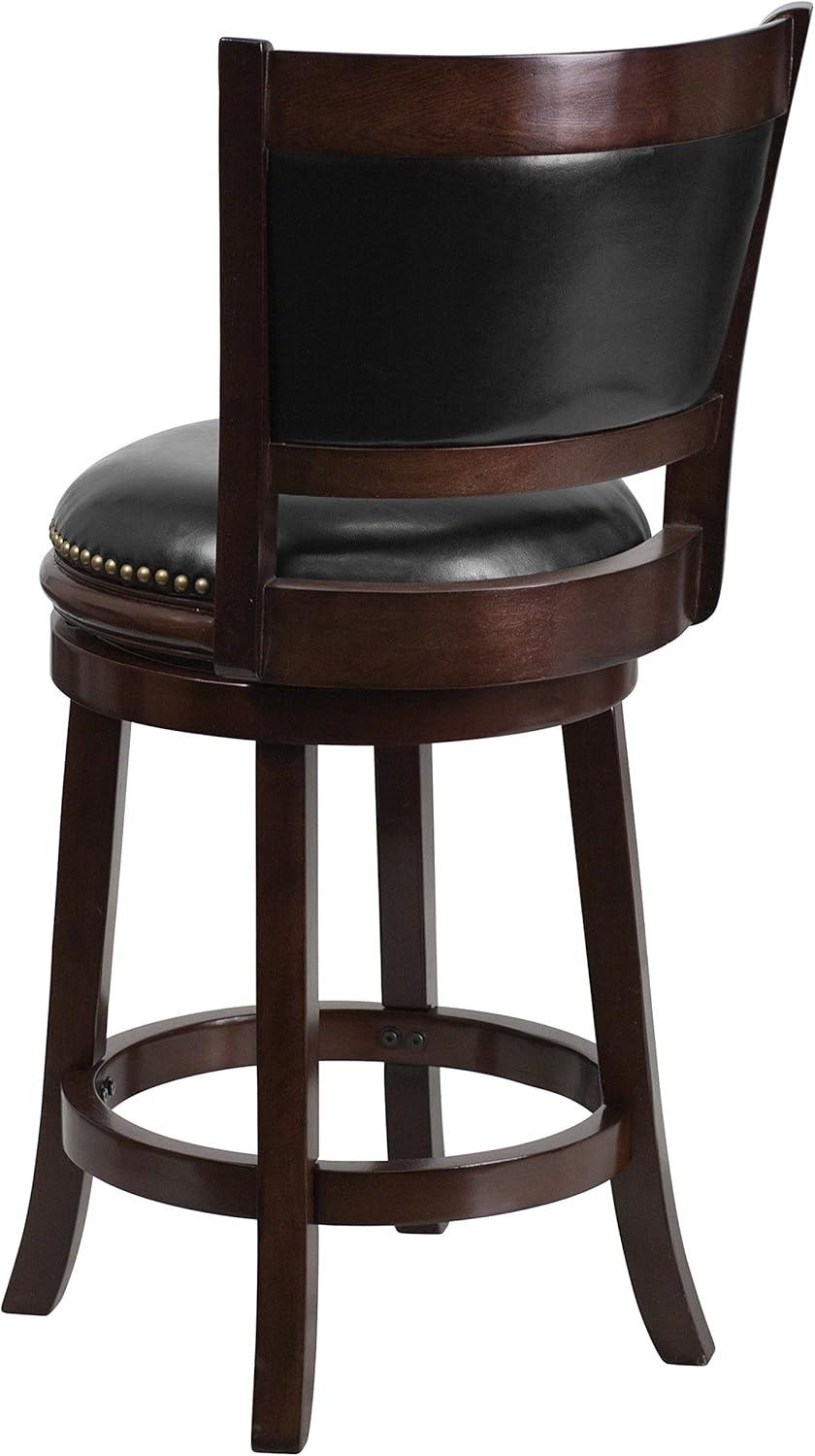 Flash Furniture 24'' High Cappuccino Wood Counter Height Stool with Panel Back and Black LeatherSoft Swivel Seat