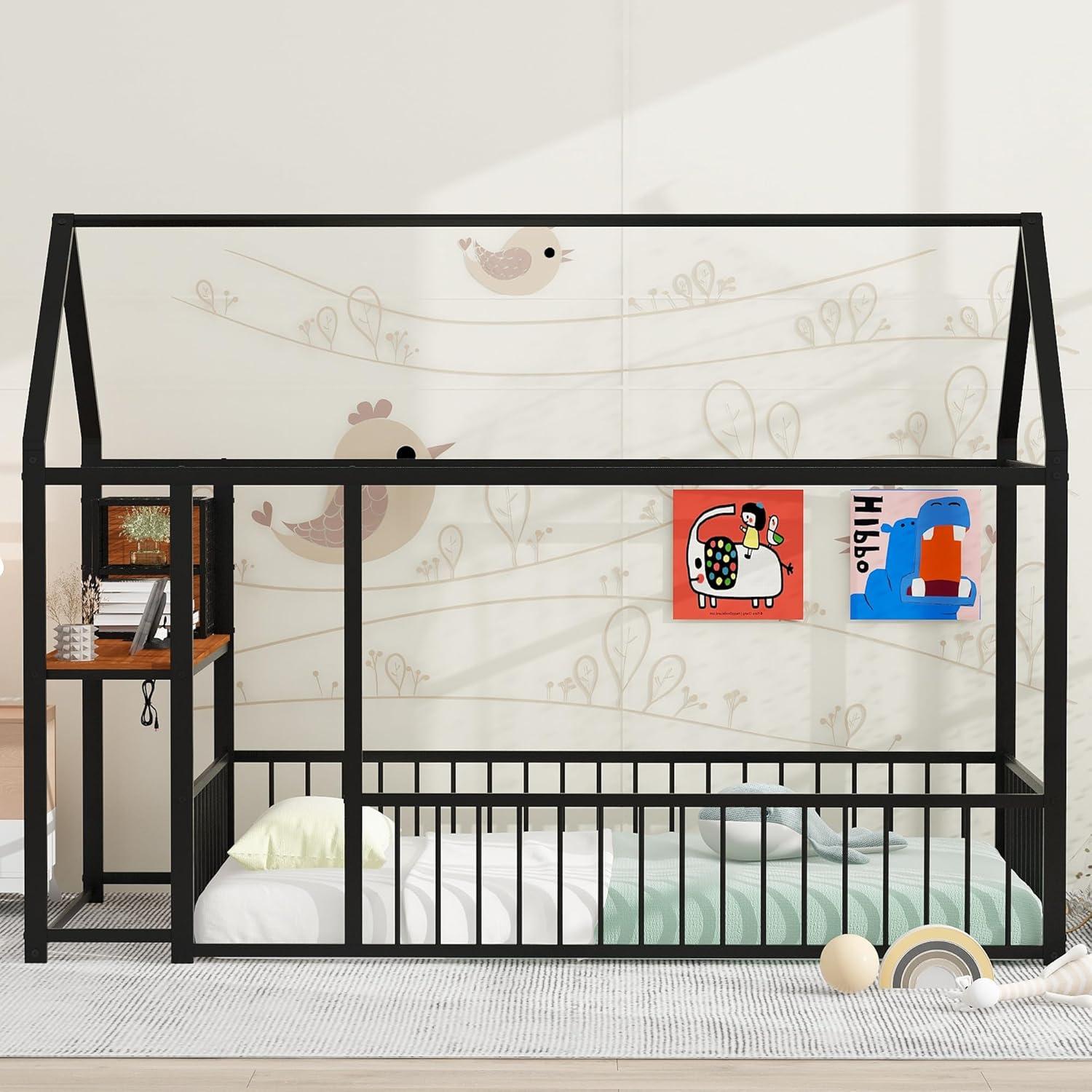 Full Floor Bed with Door and Fence, Metal Montessori Bed Full Size, Kids Montessori Floor Bed with Roof/House for Kids, Girls, Boys, White