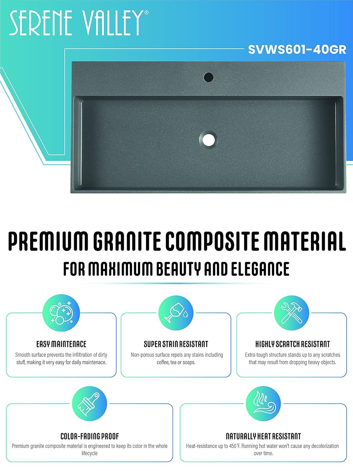 40 in. Wall-Mount or Countertop Install, Bathroom Sink with Single Faucet Hole in Matte Gray