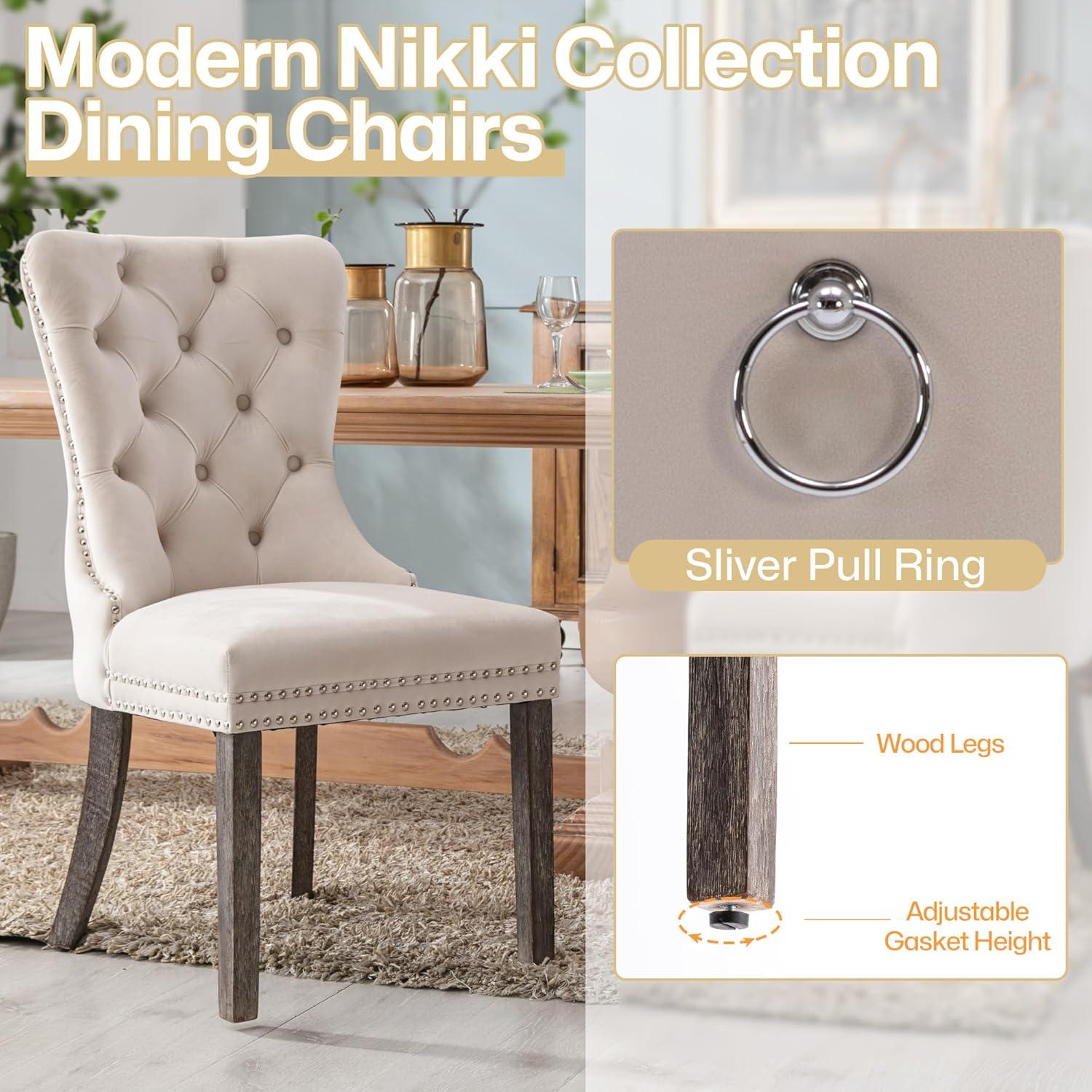 Velvet Dining Chairs Set of 4, Nikki Collection Dining Room Chairs with Wood Legs and Pull Ring, Luxury Side Chair with Nailhead Trim and Button Tufted Back, Beige