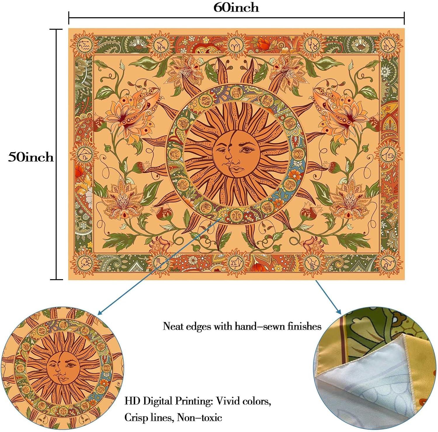 Yellow Sun and Moon Tapestry Vintage Indie Boho Tapestry Wall Hanging with Sunflowers Butterfly Moth Constellation Aesthetic Wall Tapestries for Room Decor (35''high × 47''wide)