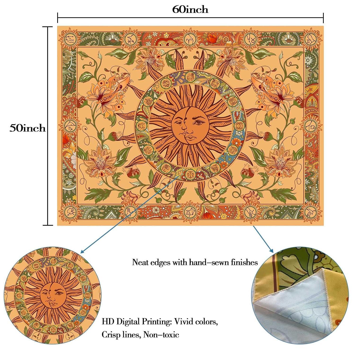 Yellow Sun and Moon Tapestry Vintage Indie Boho Tapestry Wall Hanging with Sunflowers Butterfly Moth Constellation Aesthetic Wall Tapestries for Room Decor (35''high × 47''wide)