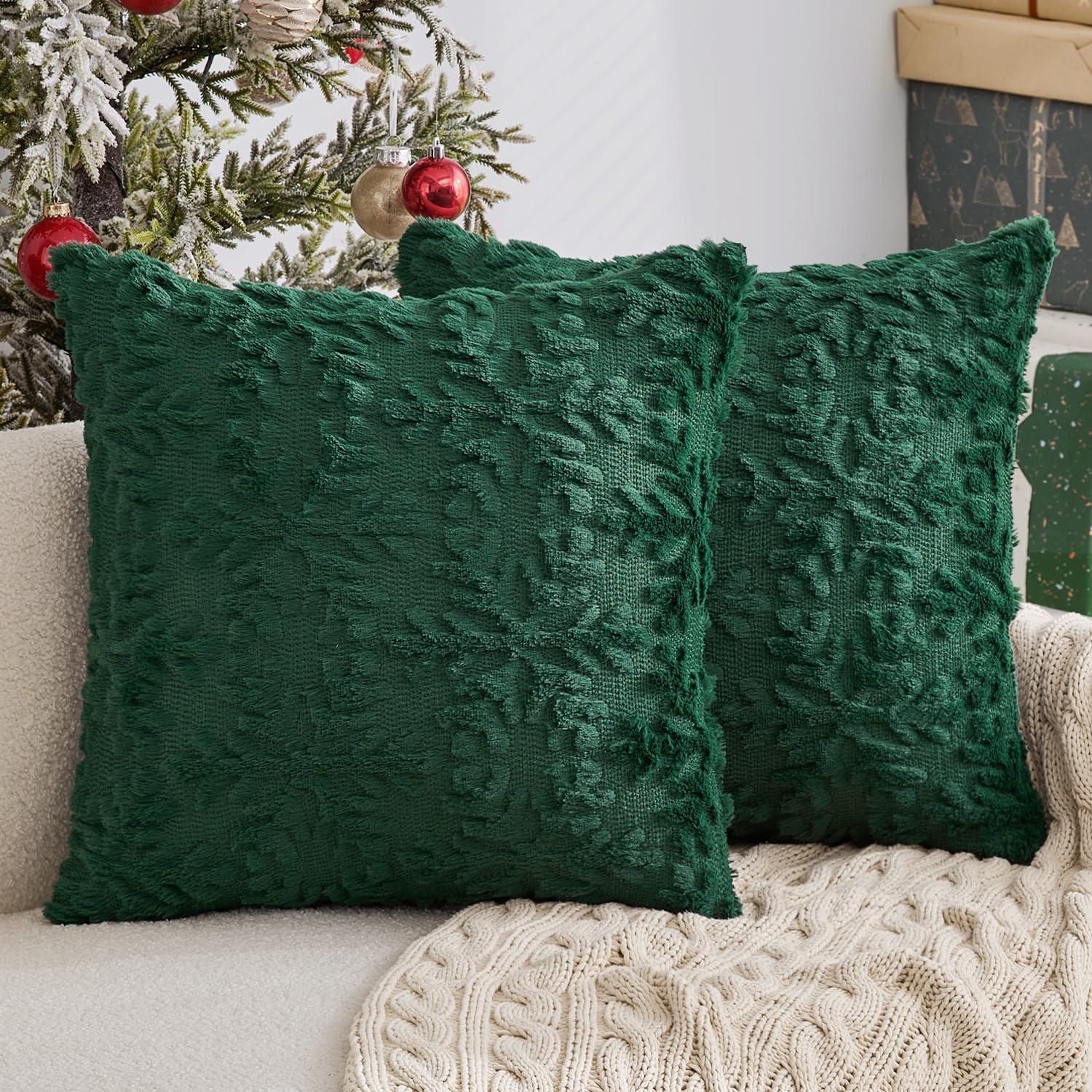 Dark Green Polyester Euro Christmas Tree Pillow Covers, 18x18 Inch, Set of 2