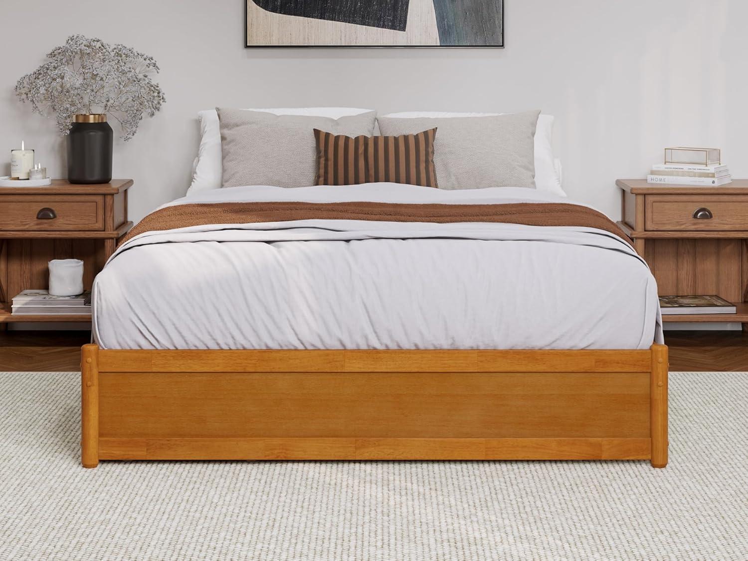 Barcelona Queen Wood Panel Platform Bed with Storage Drawers in Light Toffee