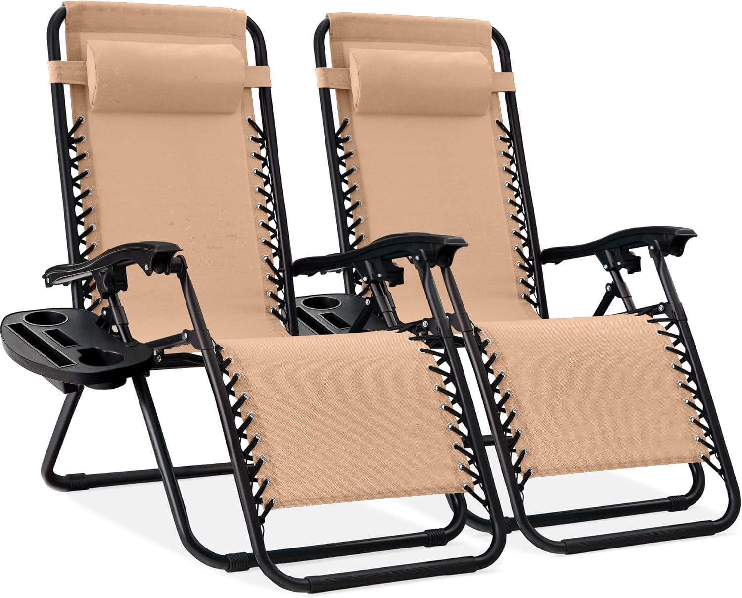 Best Choice Products Set of 2 Zero Gravity Lounge Chair Recliners for Patio, Pool w/ Cup Holder Tray - Beige