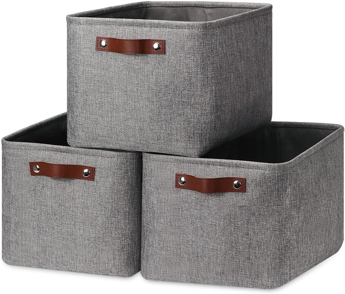 White and Gray Rectangular Fabric Storage Baskets with Faux Leather Handles, Set of 3