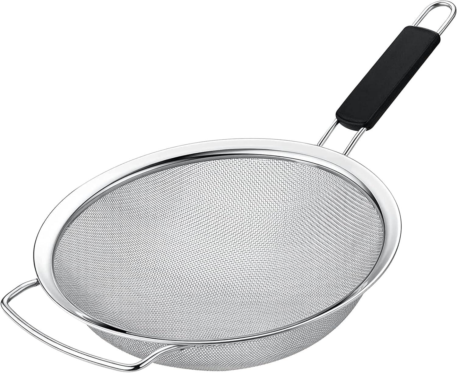 Kafoor 10" Extra Large Fine Mesh Strainer with Thermo Plastic Rubber Handle - Sieve Fine Mesh Stainless Steel - Ideal to Strain Pasta, Quinoa and Rice.