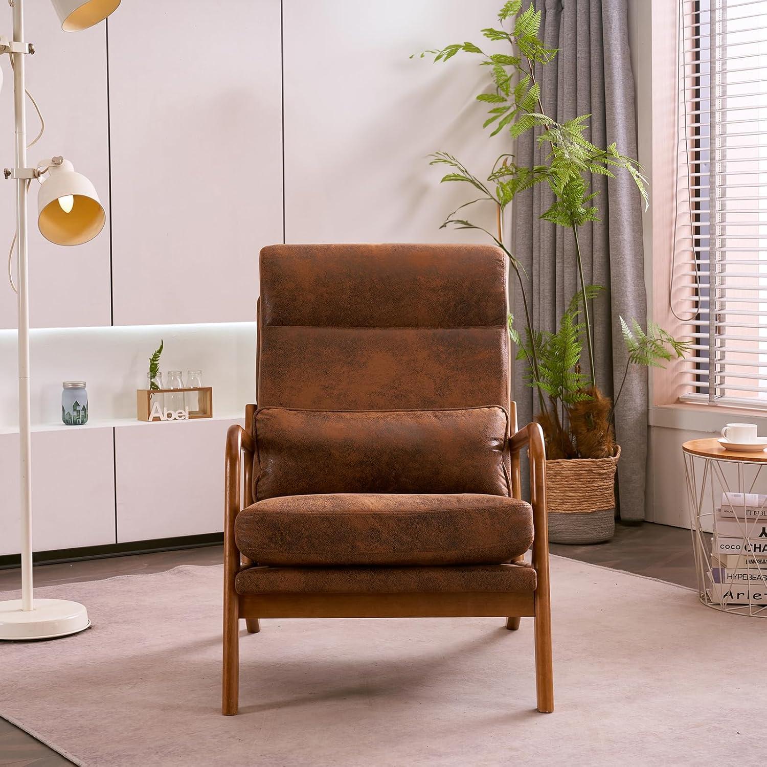 Brown Bronzing Cloth and Oak Wood Mid-Century Modern Armchair