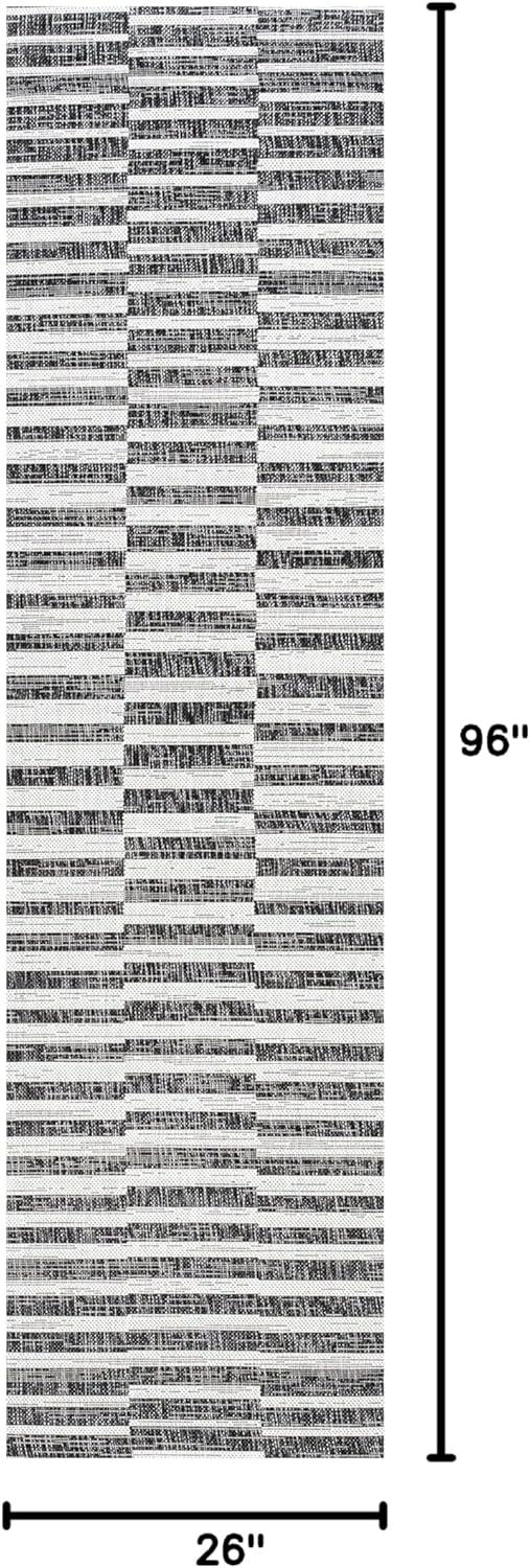 2'x8' Sukie Modern Offset Stripe Indoor/Outdoor Runner Rug, Black/Ivory - JONATHAN Y