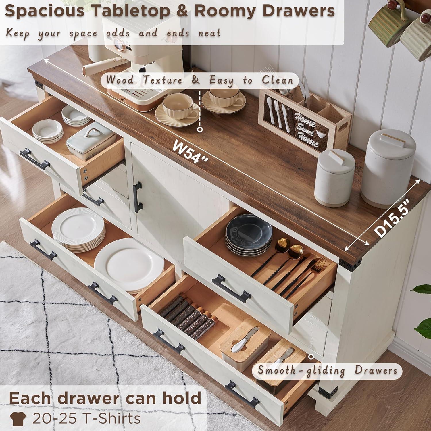 OKD Farmhouse 8 Drawer Dresser for Bedroom with Adjustable Shelf, Wood Long Chest of Drawers with Thick Plank Styling, Rustic Large Closet Dresser for Bedroom, Living Room, Antique White