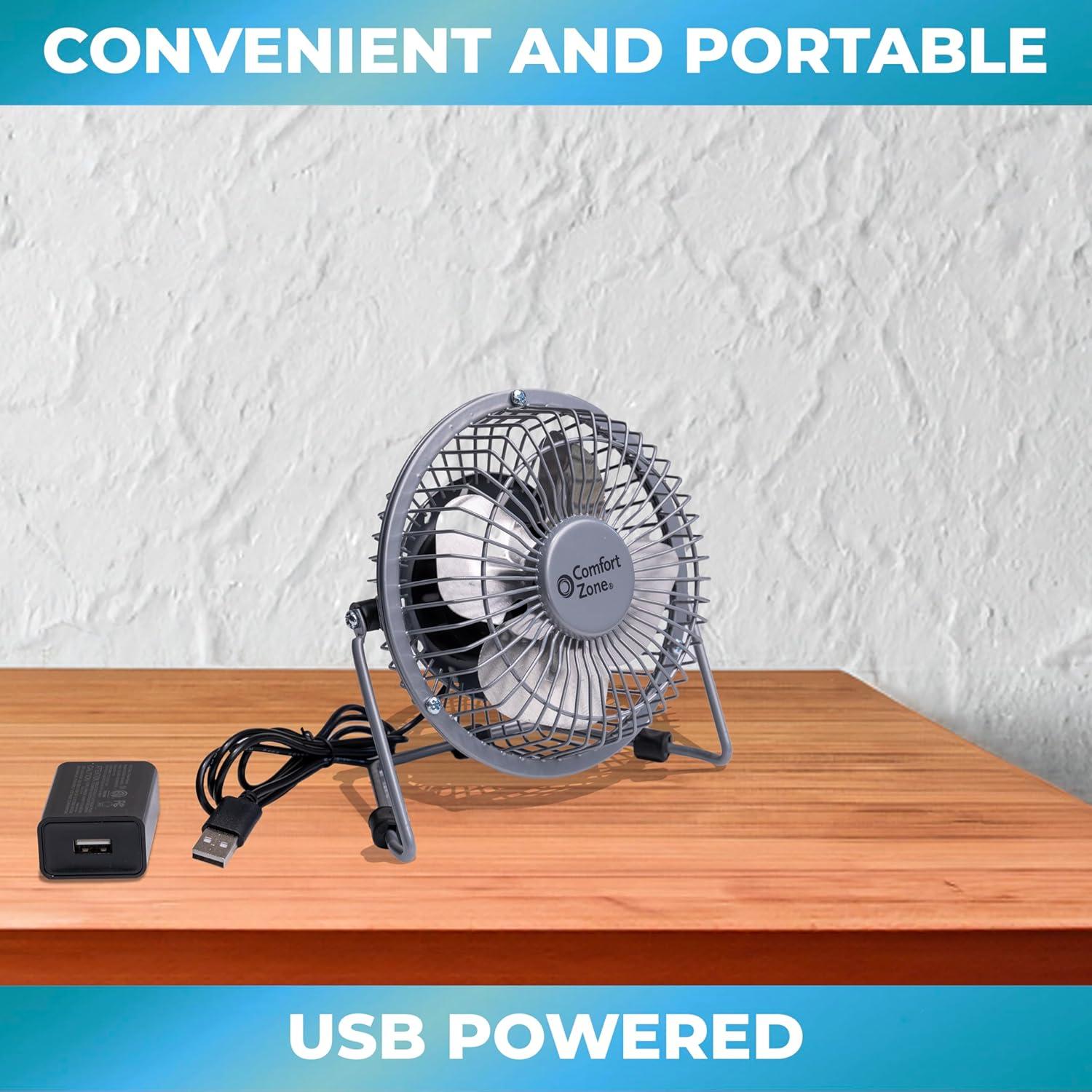 Comfort Zone 4" Mini Portable Desk Fan with 360-Degree Adjustable Tilt, Dual Powered (USB or Power Cord), All-Metal Construction, Airflow 3.31 ft/sec, Ideal for Home, Bedroom & Office, CZHV4S