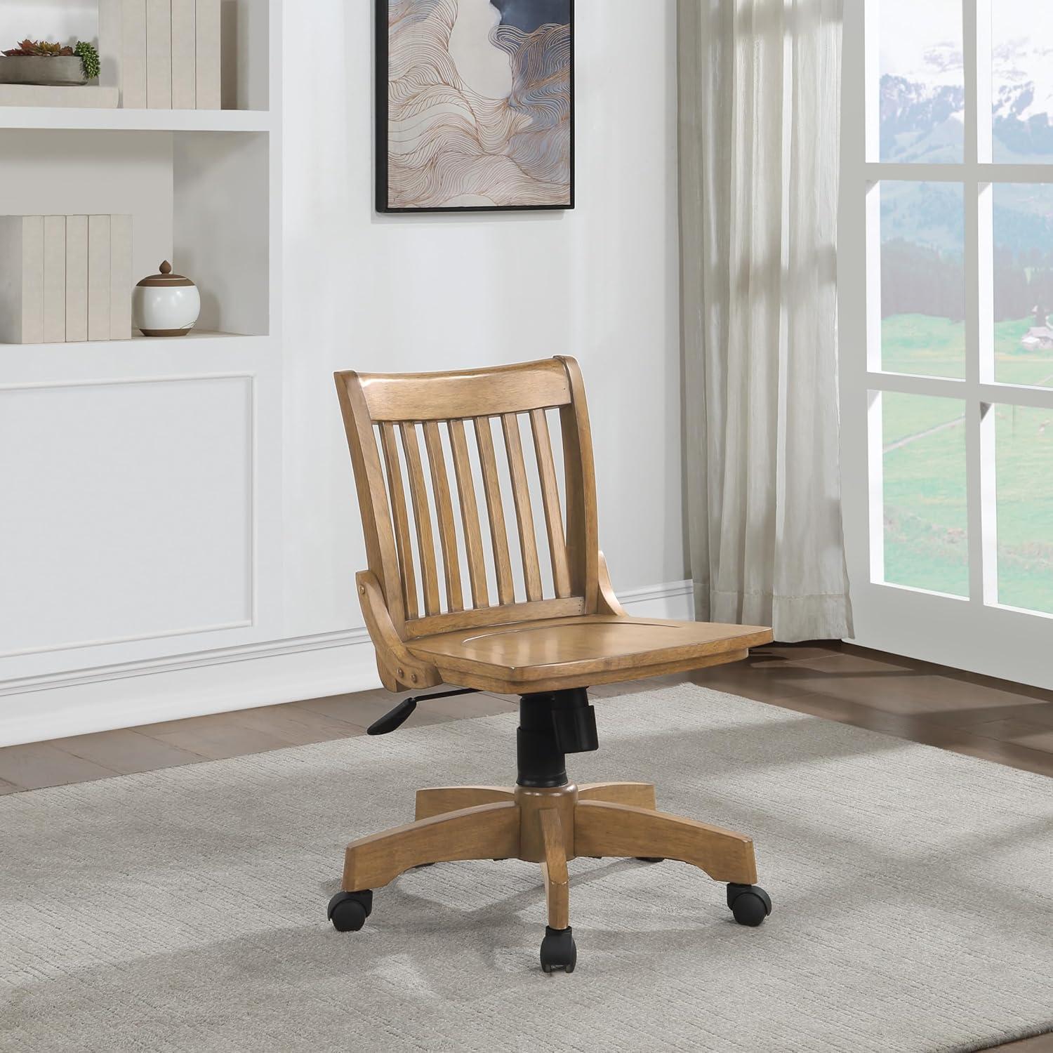 Fruitwood Finish Armless Swivel Office Chair with Wood Base