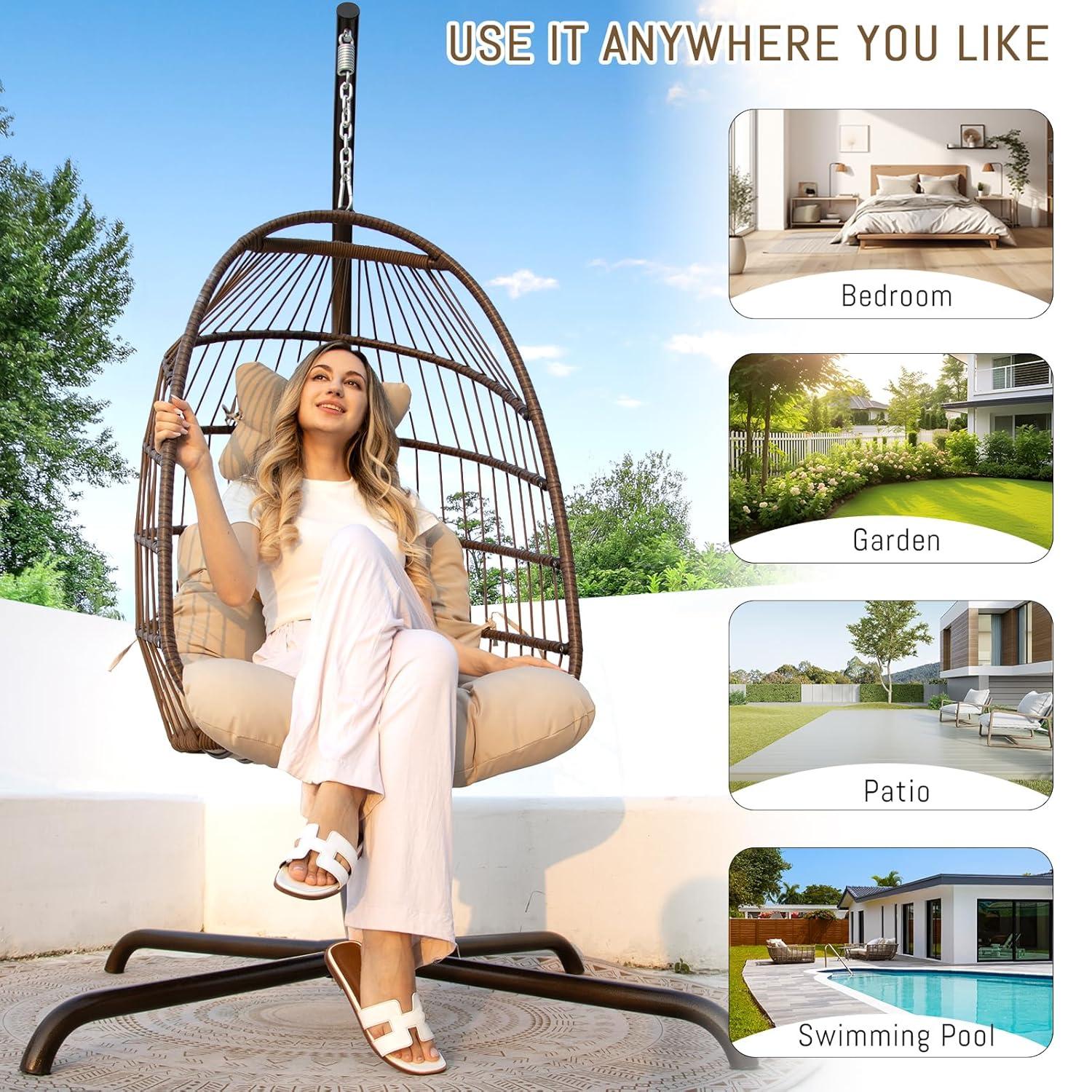 RADIATA Outdoor Foldable Hanging Egg Chair with Stand, PE Wicker Swing Chair with Cushion and Headrest, 350 lbs Capacity, Beige