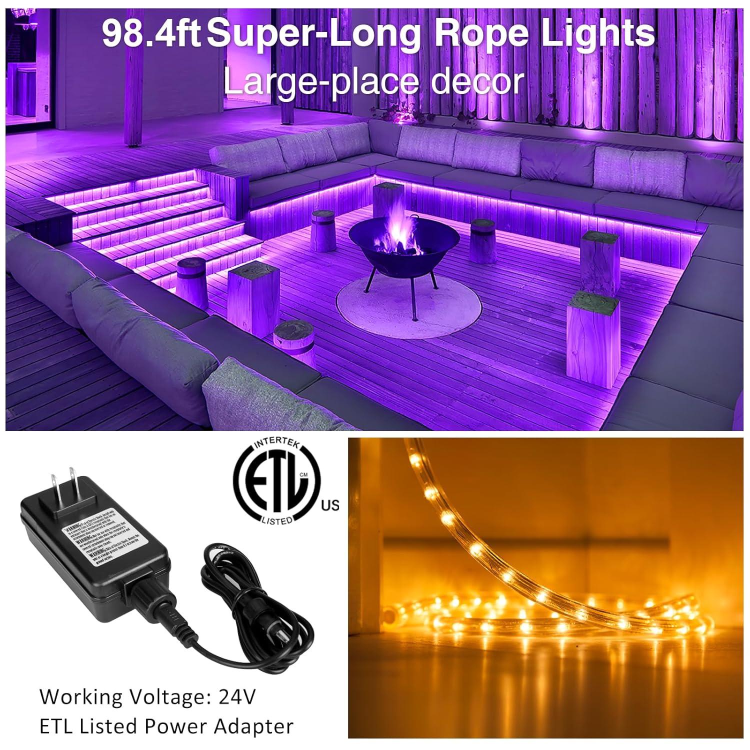 Novostella 98.4ft (49.2x2) Smart LED Outdoor Rope Light, Music Sync RGB Strip Lights, App Control and RF Remote Color Changing Dimmable Tape Exterior Lighting Kit, for Garden Stairs Party, 24V IP65