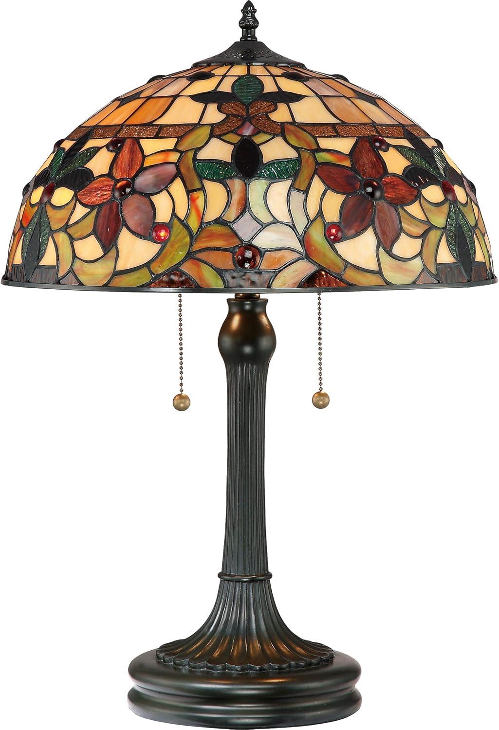 Vintage Bronze Tiffany Style Stained Glass Table Lamp