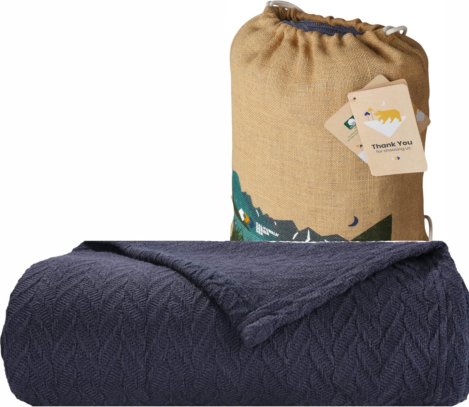 Bed Blanket | Soft 100% Cotton | Herringbone Design | All-Season Thermal Layering by California Design Den - Navy, Twin (62" x 94")