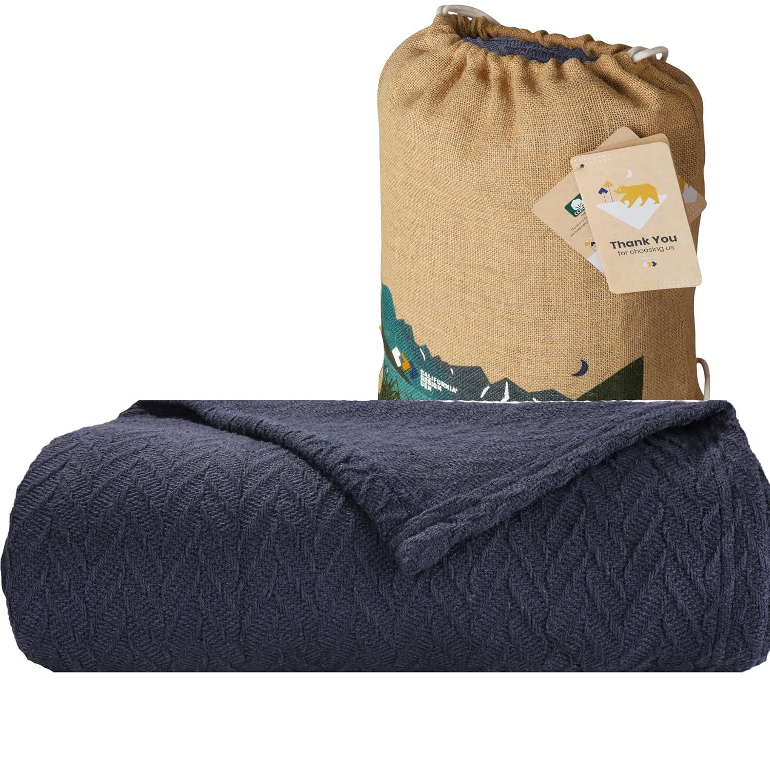 Bed Blanket | Soft 100% Cotton | Herringbone Design | All-Season Thermal Layering by California Design Den - Navy, Twin (62" x 94")