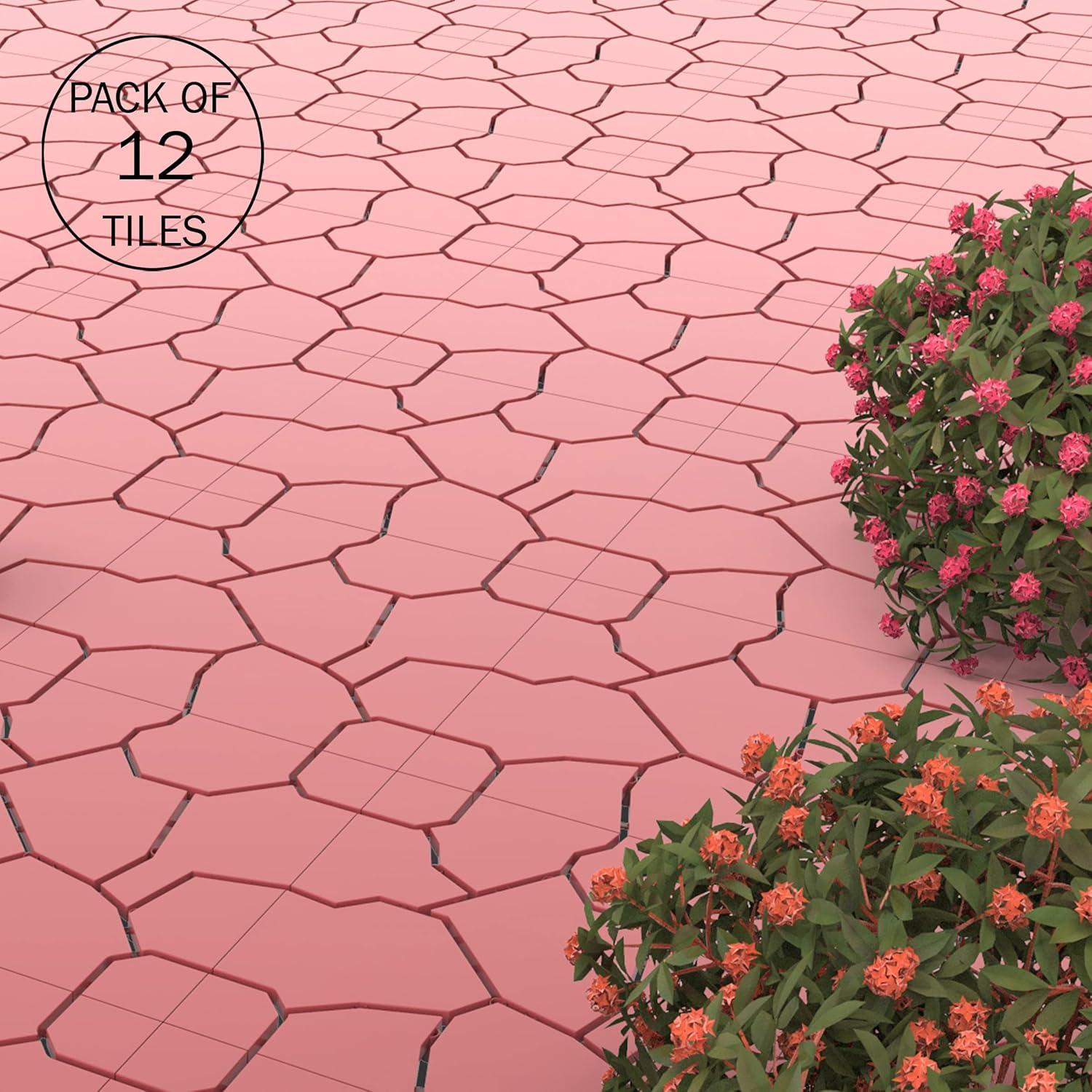 Pure Garden 12-Pack Polypropylene Interlocking Patio Deck Tiles - Weather-Resistant Outdoor Flooring for Balcony, Porch, and Garage (Brick Red)