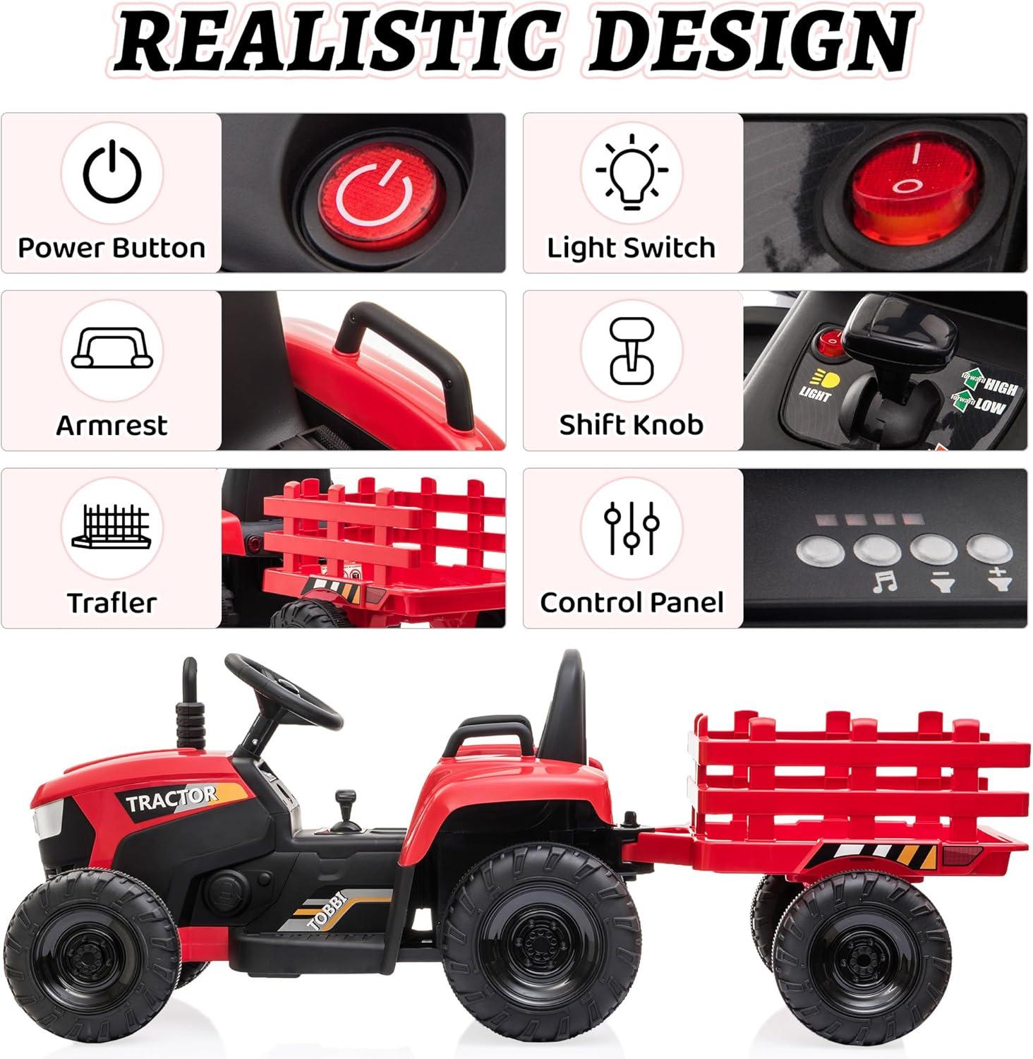 12V Kids Ride On Tractor with Trailer, Battery Powered Electric Car with Music, USB, Music, LED Lights