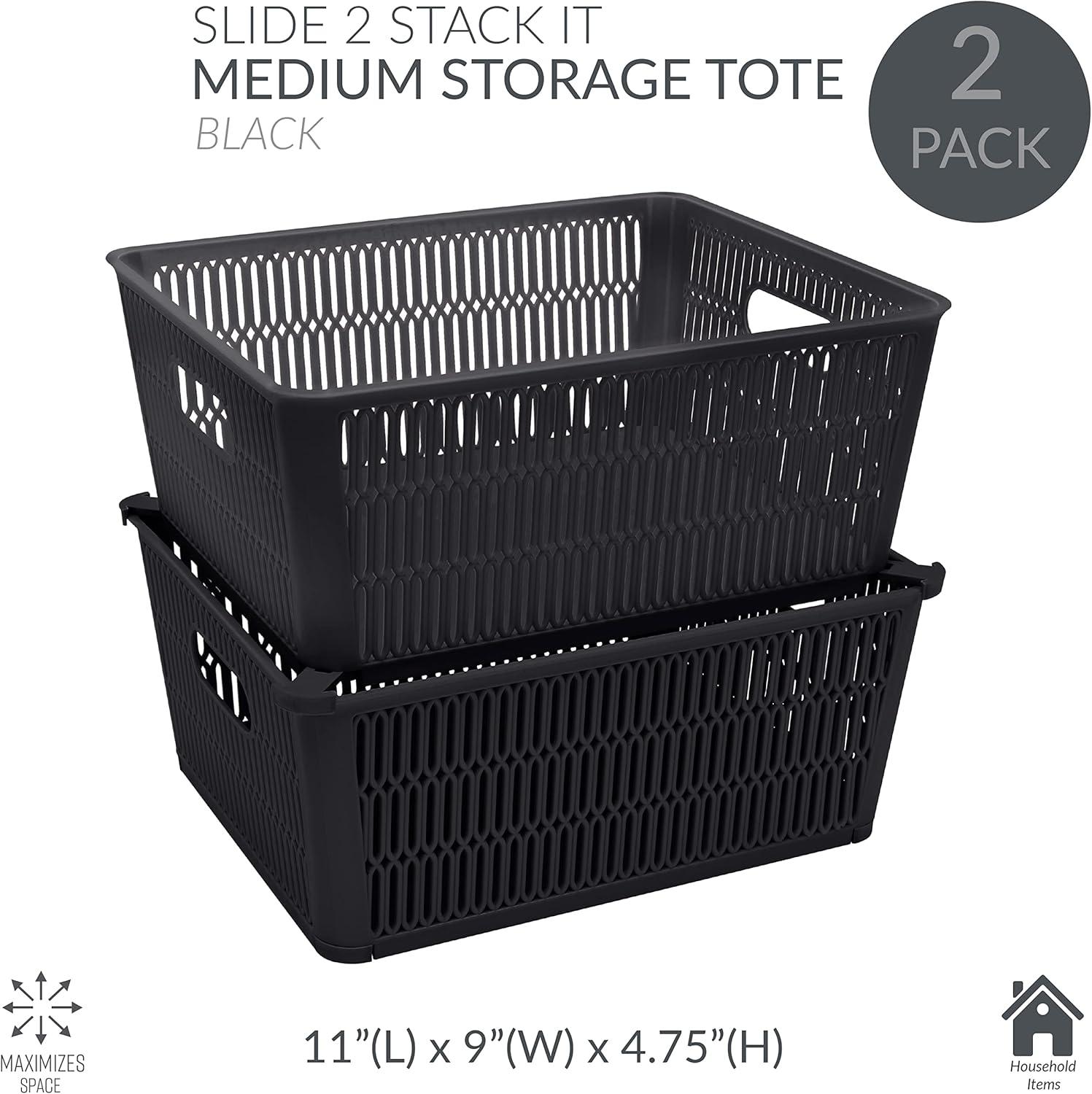 Large Black Plastic Stackable Storage Tote Baskets, Set of 2