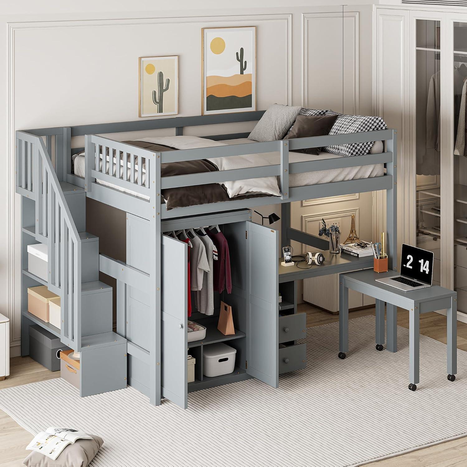 Harper & Bright Designs Full Size Loft Bed with Desk, Wood Full Loft Bed with Stairs, Bookshelf, Drawers & Wardrobe – Space-Saving Multifunctional Furniture, Gray