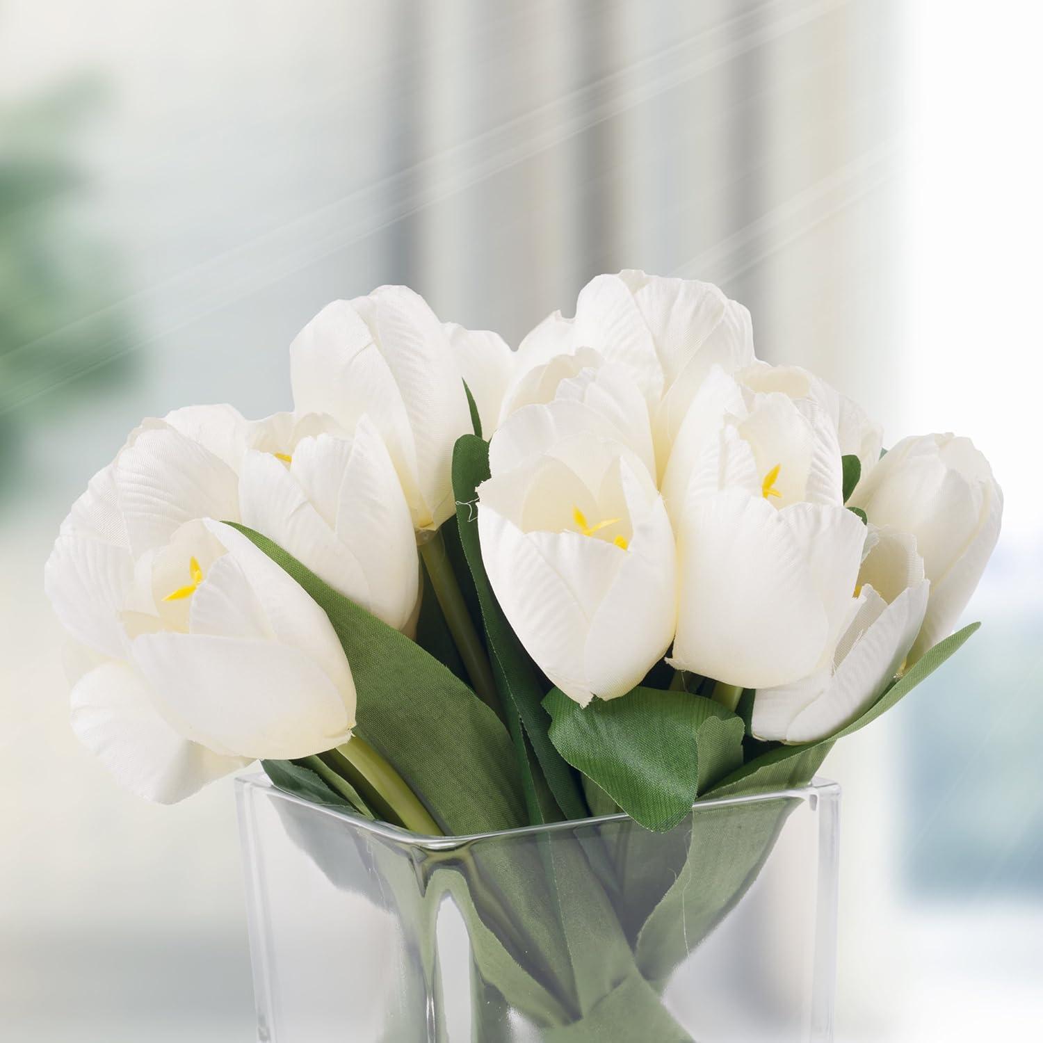 Tulip Floral Arrangement in Vase- 24 Cream Artificial Flowers with Leaves in Decorative Clear Glass Square Bowl & Faux Water for Décor by Pure Garden