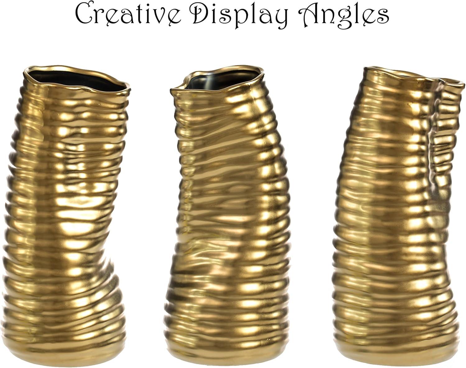 Mercer41 Baftjar 9-Inch Tall Ceramic Bent Melted Modern Style Sculpture Table Centerpiece Flower Vase, a Unique and Decorative Vase in an Elegant Gold Finish, Perfect for Adding Sophistication to Home or Office Décor