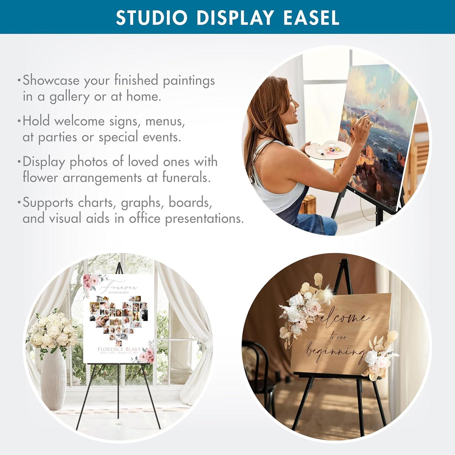 Studio Display Wood Tripod Easel for Posters, Art, Event Signage, Tradeshows, or Seminars (63" Tall)