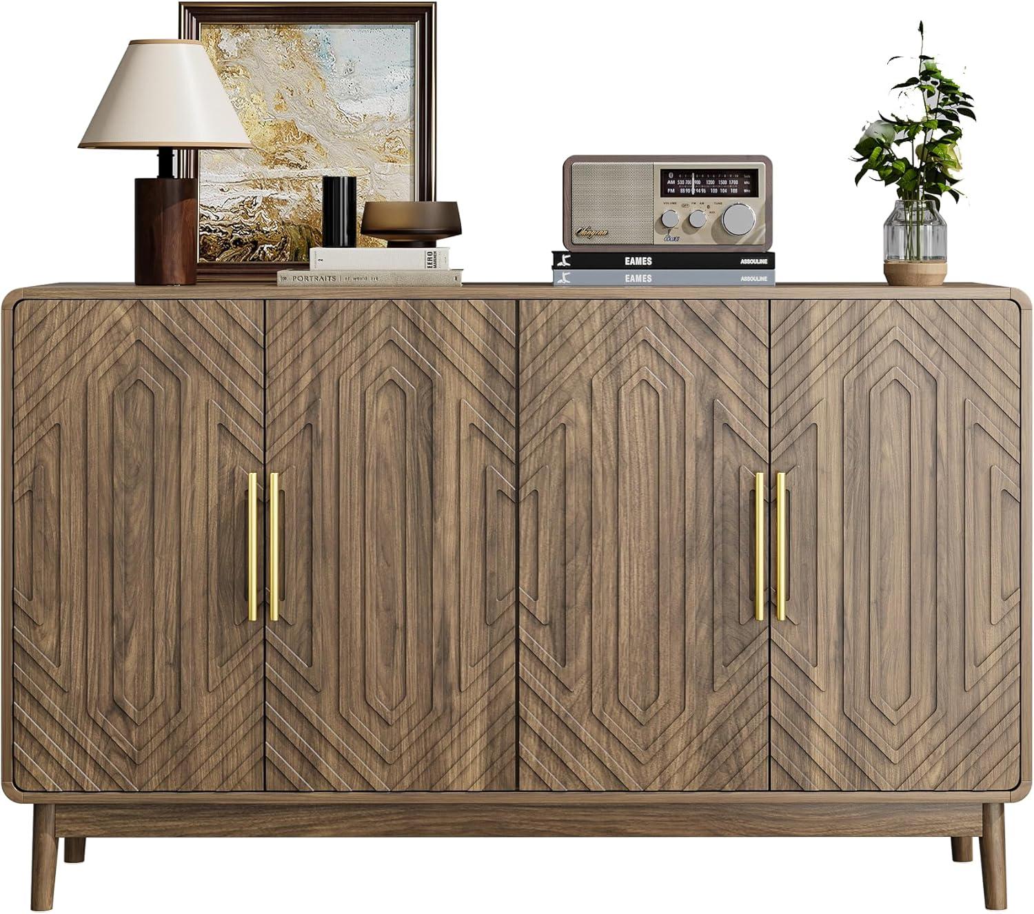 Sideboard Buffet Cabinet with Storage, Farmhouse Style Four-Door Wooden Storage Cabinet, Multifunctional Accent Buffet with Adjustable Layer Board for Kitchen, Dining Room, entryway