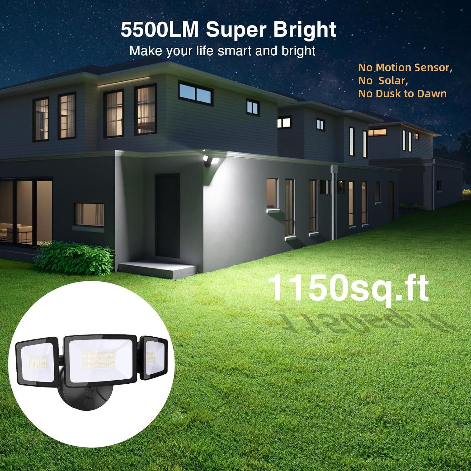 Onforu 55W Smart LED Flood Lights Outdoor, 5500LM, Tunable 2700K-6500K, APP Control, WiFi Alexa Security Lights with Timer & Adjustable 3 Head, IP65 Waterproof for House, Yard, Porch, Garage, Backyard
