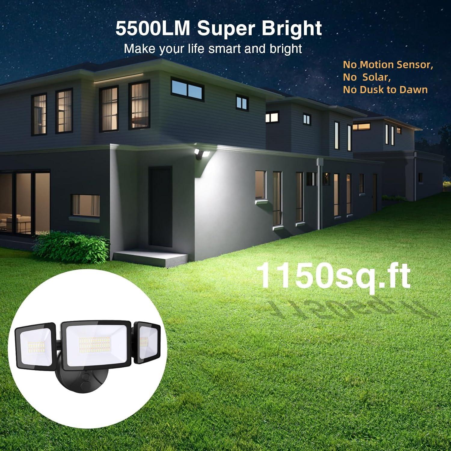 Onforu 55W Smart LED Flood Lights Outdoor, 5500LM, Tunable 2700K-6500K, APP Control, WiFi Alexa Security Lights with Timer & Adjustable 3 Head, IP65 Waterproof for House, Yard, Porch, Garage, Backyard