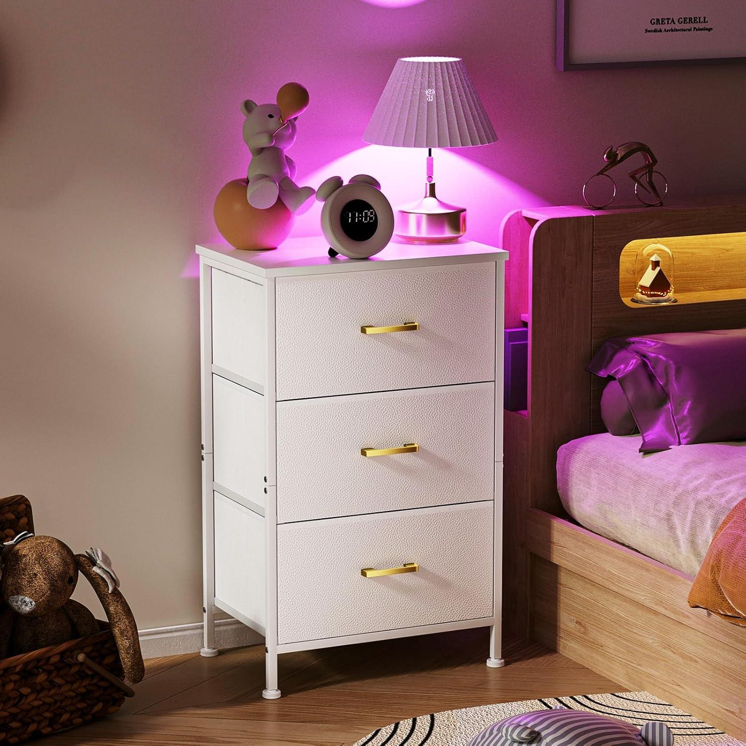 White 3-Drawer Movable Nightstand with Fabric Bins