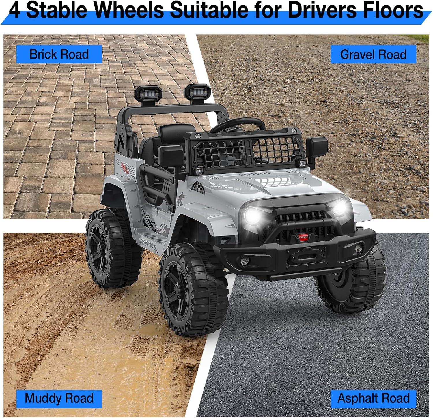 Ride on Truck Car 12V Kids Electric Vehicles with Remote Control Spring Suspension, LED Lights, Bluetooth, 2 Speeds