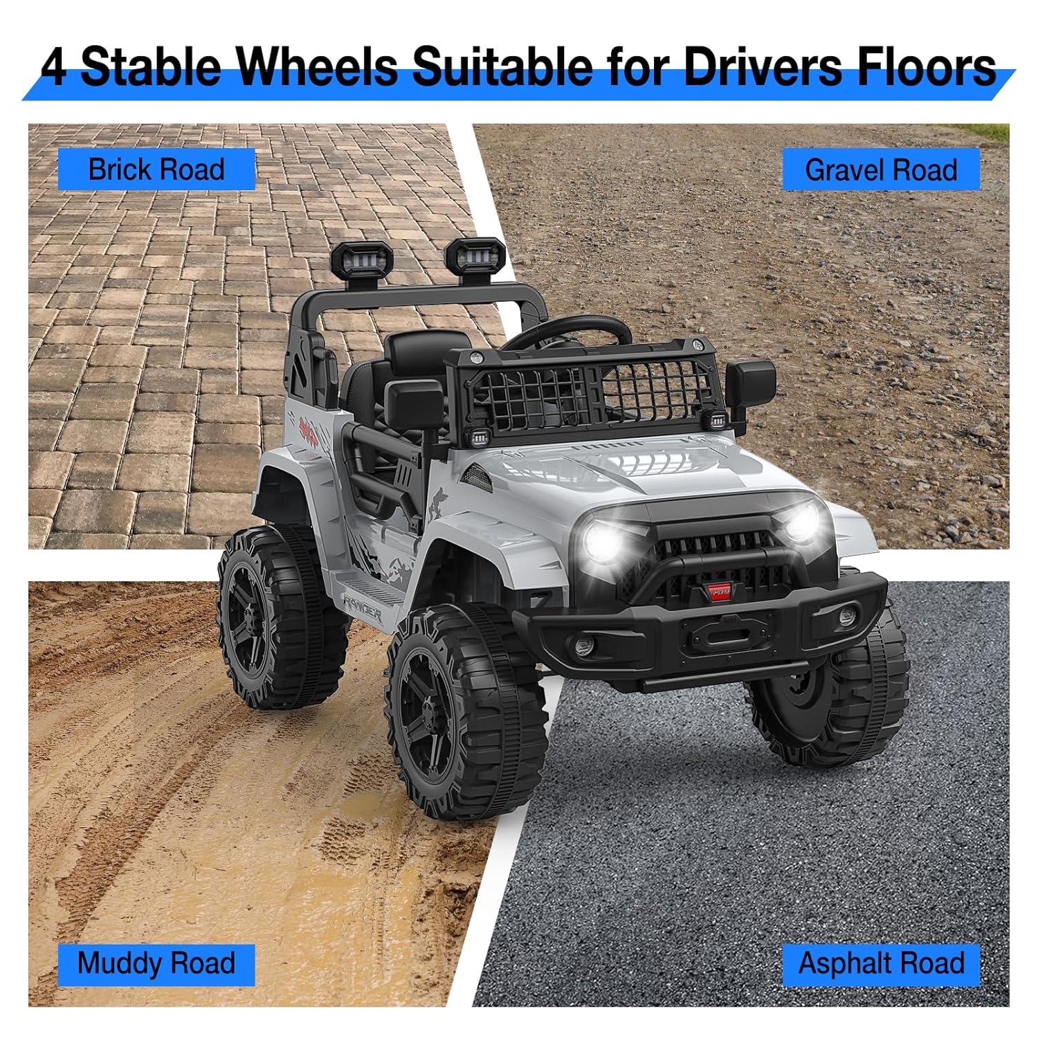 Ride on Truck Car 12V Kids Electric Vehicles with Remote Control Spring Suspension, LED Lights, Bluetooth, 2 Speeds