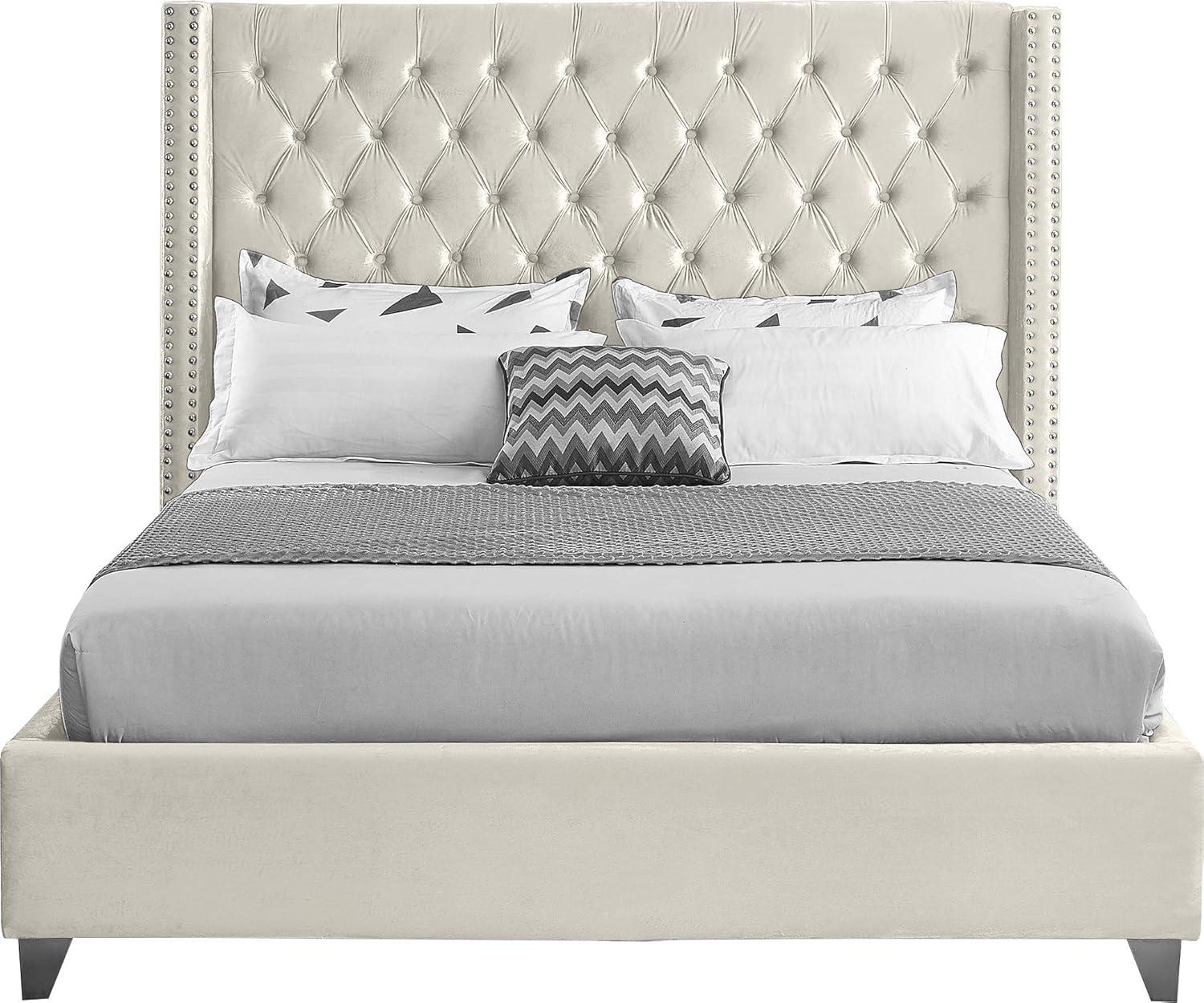 Meridian Furniture Aiden Queen Bed - Cream Velvet, Contemporary