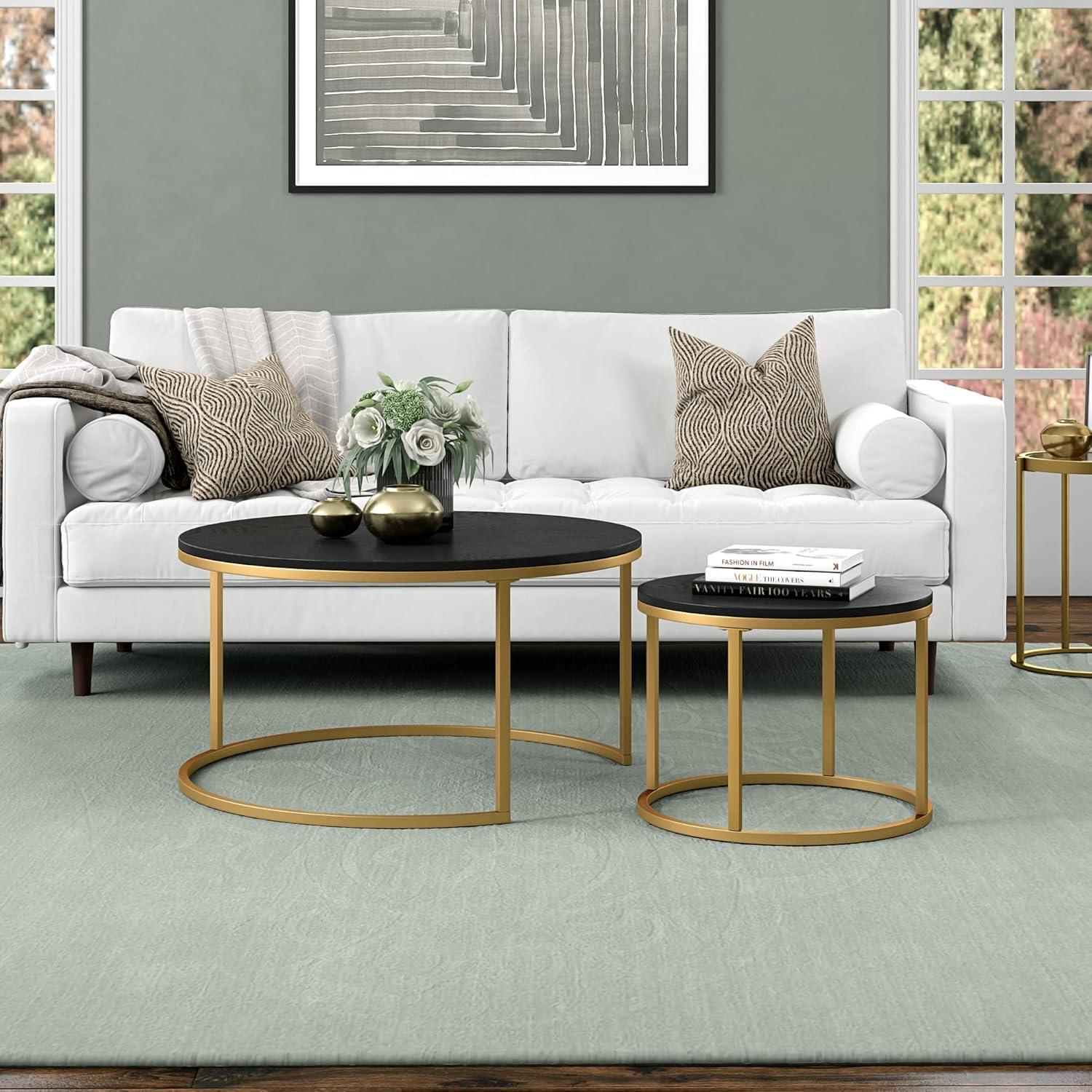 Evelyn&Zoe Watson Round Nested Coffee Table with MDF Top, Gold/Black Grain