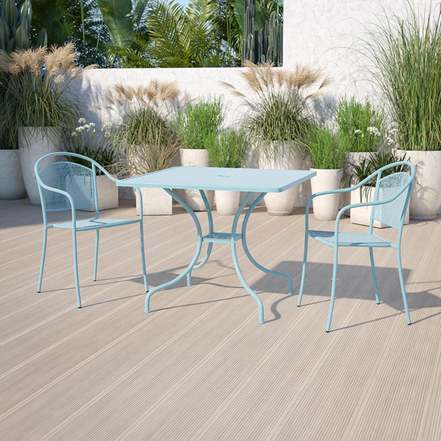 Flash Furniture Oia Commercial Grade 35.5" Square Sky Blue Indoor-Outdoor Steel Patio Table with Umbrella Hole